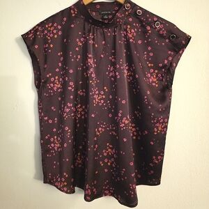 Ann Taylor Deep Plum Cap Sleeve Blouse With  Pink and‎ Orange Floral